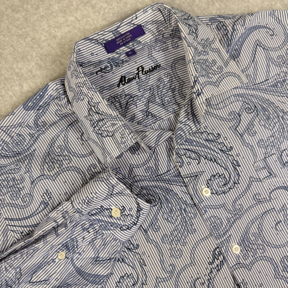 Alan Flusser Button Down Shirt Mens XL Blue White Good Striped Paisley Cotton